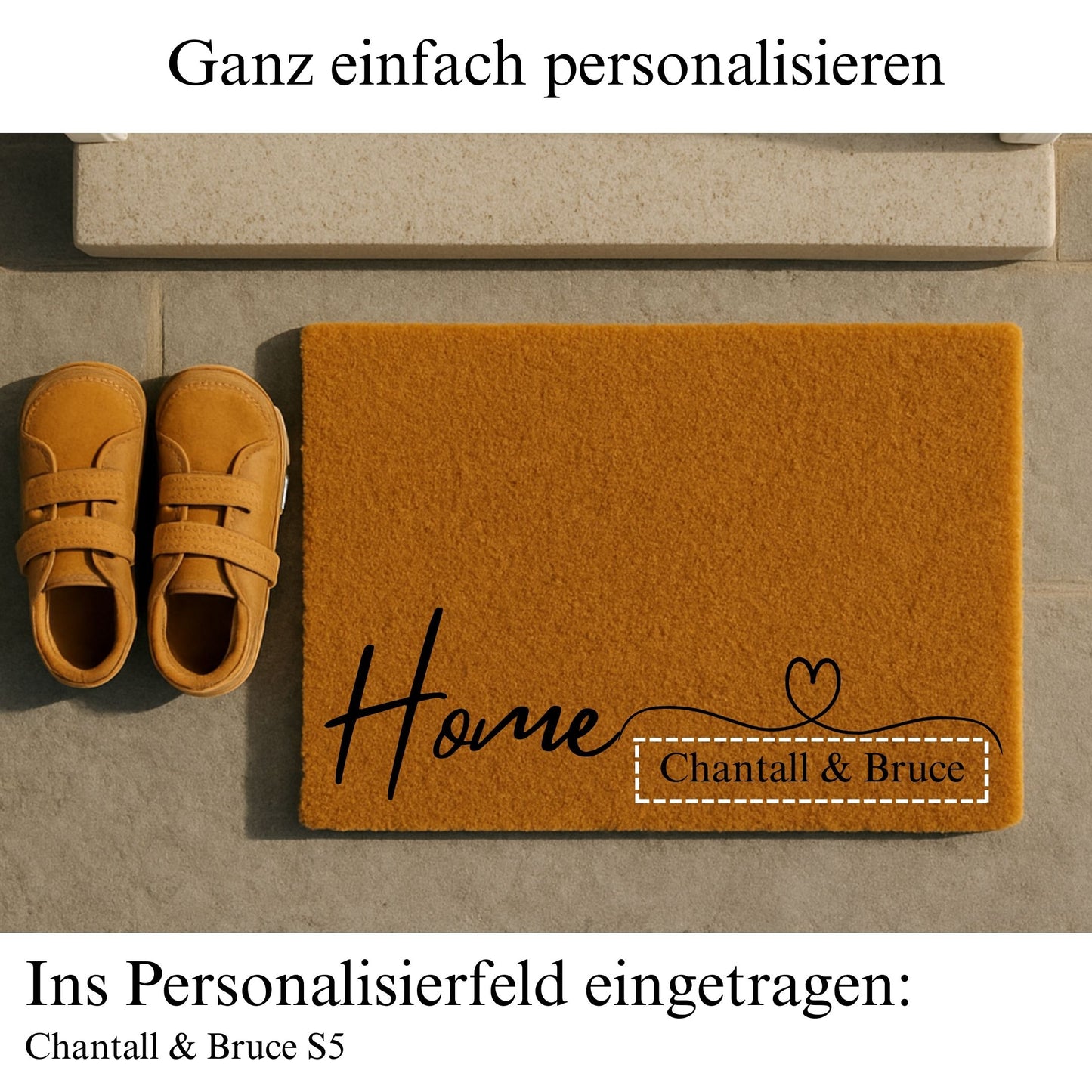 Personalisierungsanleitung für personalisierte Kokos Fußmatte mit Home Schriftzug und Namen