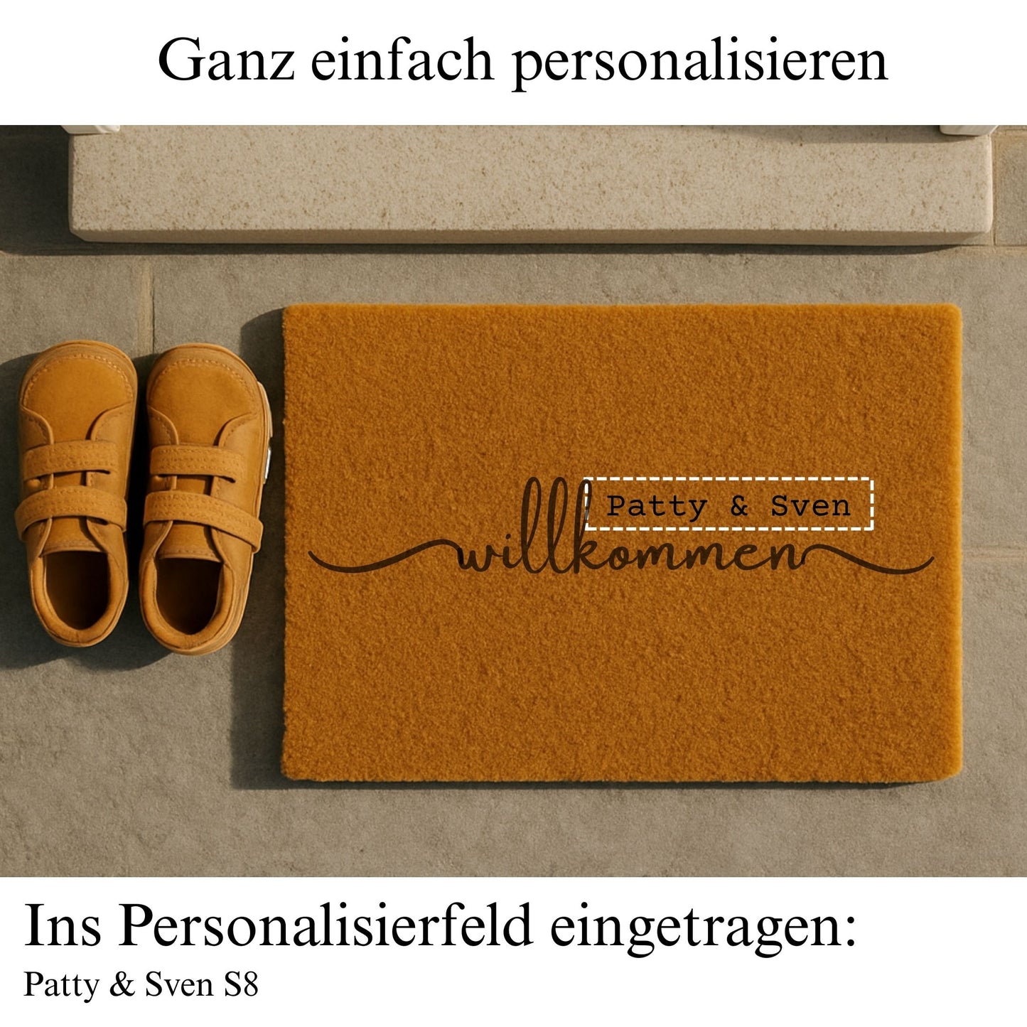 Personalisierte Kokos Fußmatte mit Willkommen Schriftzug und Namen als Türmatte im Eingangsbereich anleitung