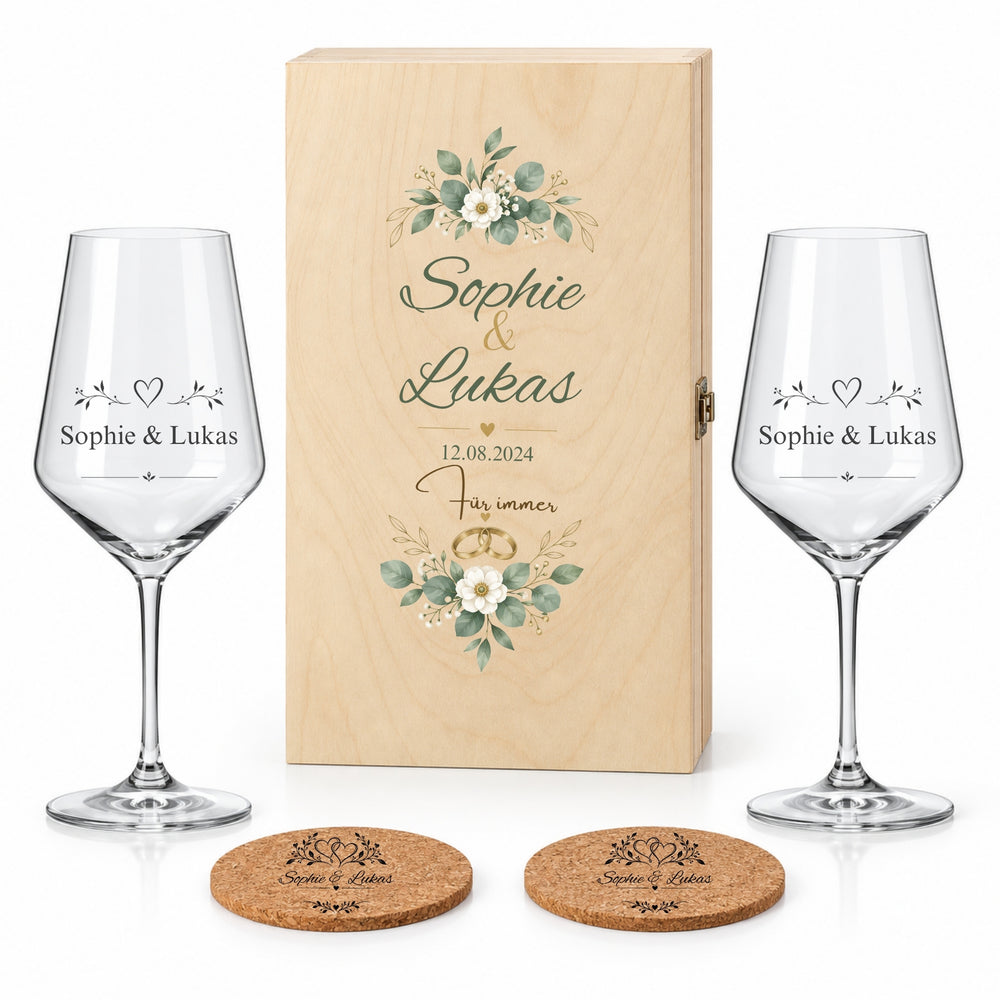 Geschenk zum Jahrestag – personalisierte Weingläser mit Holzbox "Blüten & Ringe"