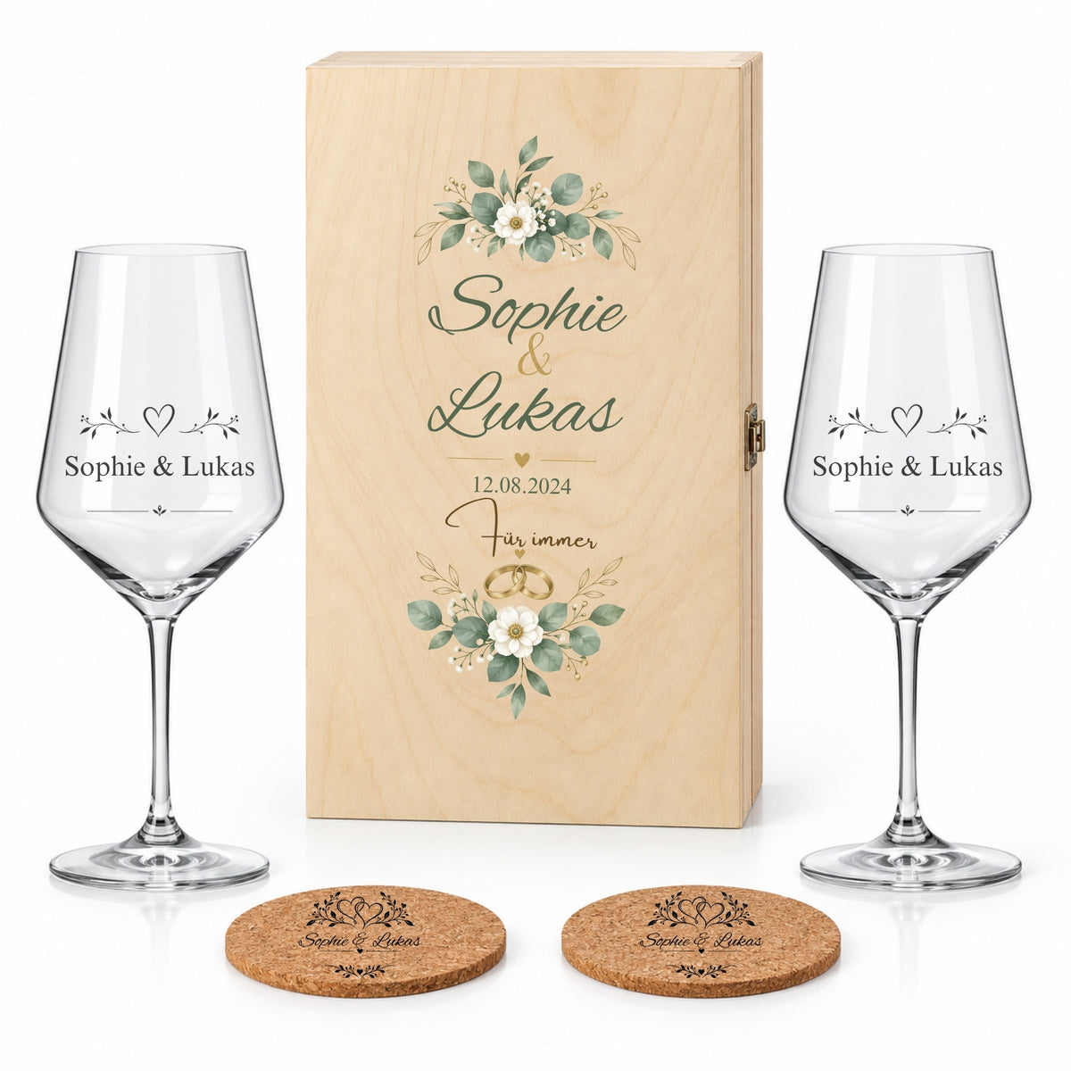 Personalisiertes Jahrestagsgeschenk mit zwei Weingläsern, zwei Korkuntersetzern und Holzbox im Motiv Blüten und Ringe.