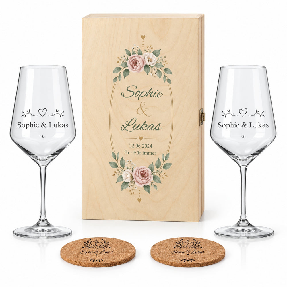 Jahrestagsgeschenk mit Namen & Weingläsern – Rosenrahmen