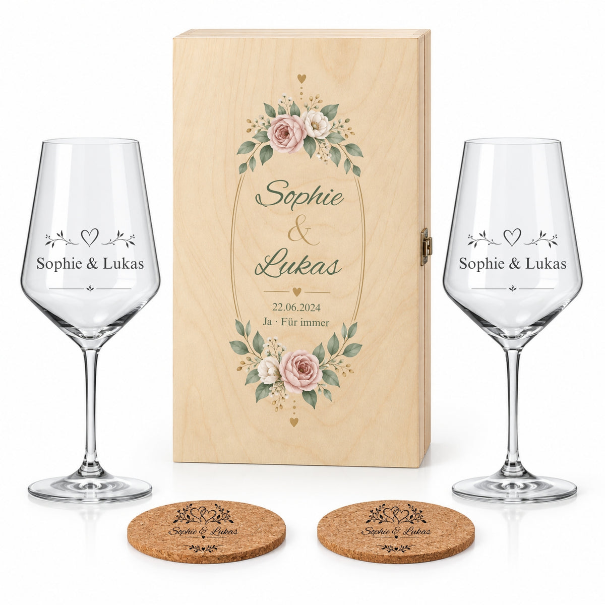 Personalisiertes Jahrestagsgeschenk mit zwei Weingläsern, zwei Korkuntersetzern und Holzbox im floralen Rosen-Design.