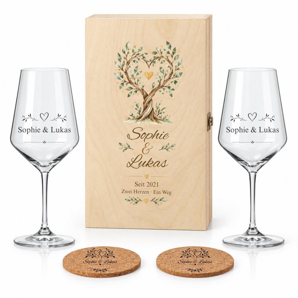 Jahrestagsgeschenk personalisiert mit Weingläsern – Herzbaum