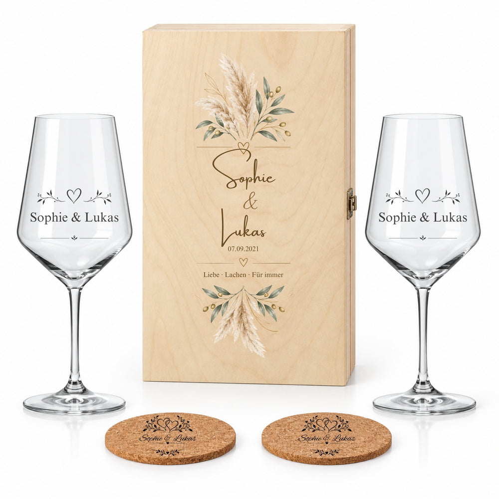 Jahrestagsgeschenk mit Weingläsern & Holzbox – Pampas