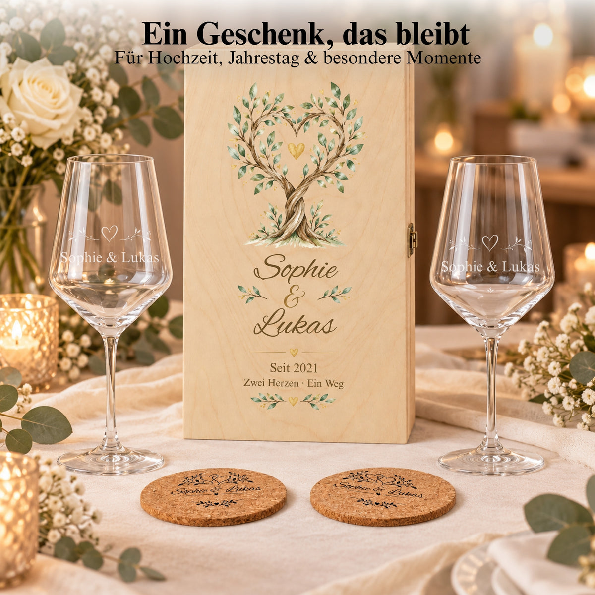 Weinglas-Geschenkset mit Namen, floral bedruckter Holzbox und Korkuntersetzern auf einem Tisch bei Kerzenlicht.