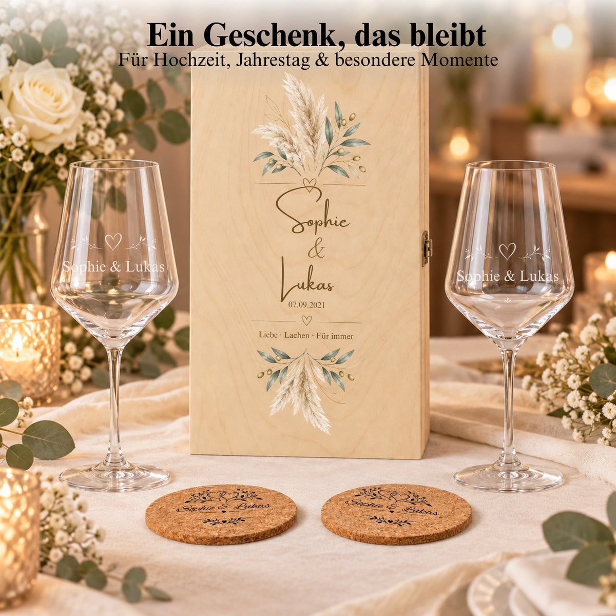 Jahrestagsgeschenk mit Weingläsern & Holzbox – Pampas