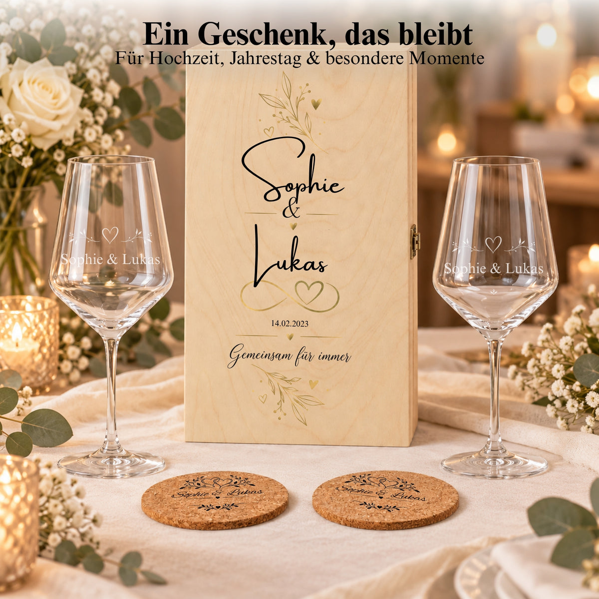 Weinglas-Geschenkset mit Namen, floral bedruckter Holzbox und Korkuntersetzern auf einem Tisch bei Kerzenlicht.