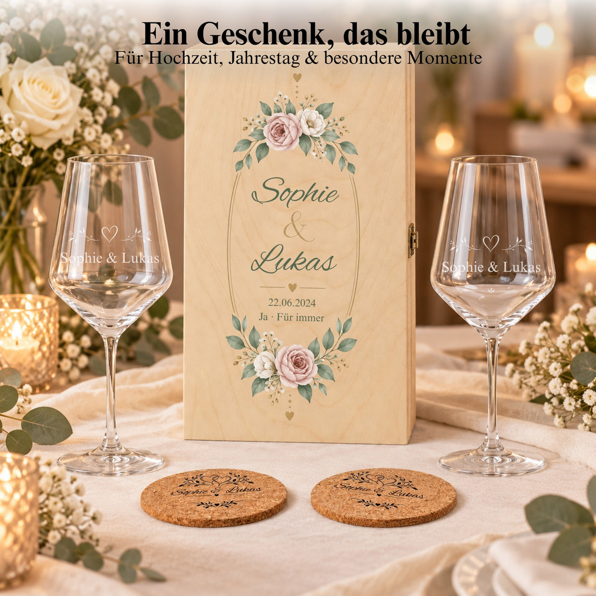 Weinglas-Geschenkset mit Namen, floral bedruckter Holzbox und Korkuntersetzern auf einem Tisch bei Kerzenlicht.
