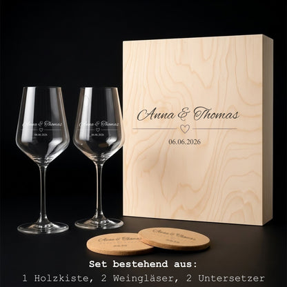 Geschenkset Weingläser in Holzbox mit Weinflasche und Untersetzern geschenkfertig
