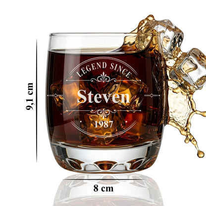 Whisky Glas Legend Since Steven 1987 – Maße 9,1 cm hoch 8 cm Durchmesser – personalisierte Lasergravur