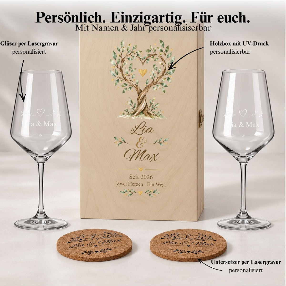 Set mit den Namen Lia und Max: gravierte Weingläser und Korkuntersetzer sowie eine Holzbox mit personalisiertem UV-Druck.