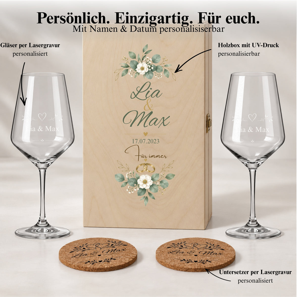 Set mit den Namen Lia und Max: gravierte Weingläser und Korkuntersetzer sowie eine Holzbox mit personalisiertem UV-Druck.
