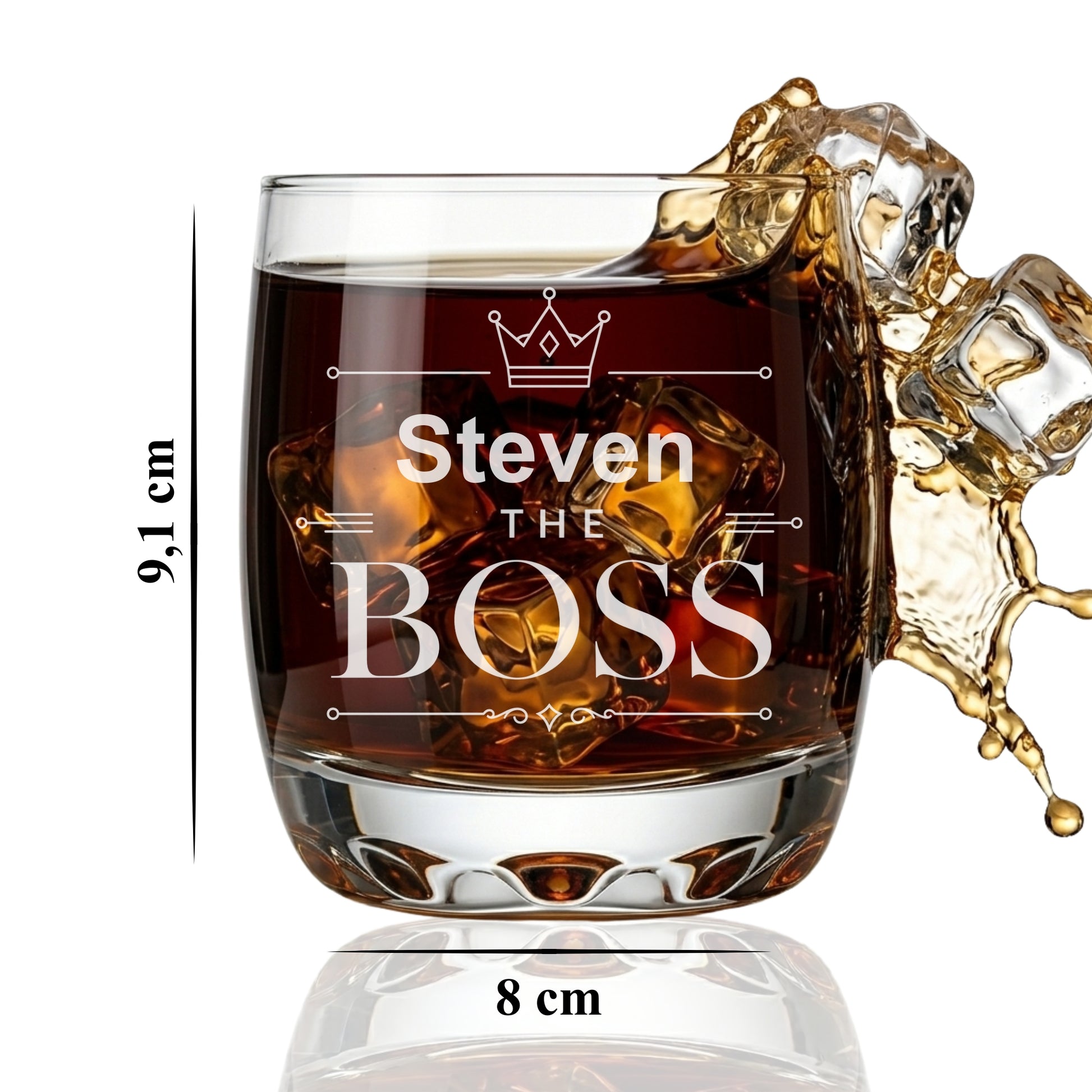 Whisky Glas The Boss Steven – Maße 9,1 cm hoch 8 cm Durchmesser 350 ml – personalisierte Lasergravur