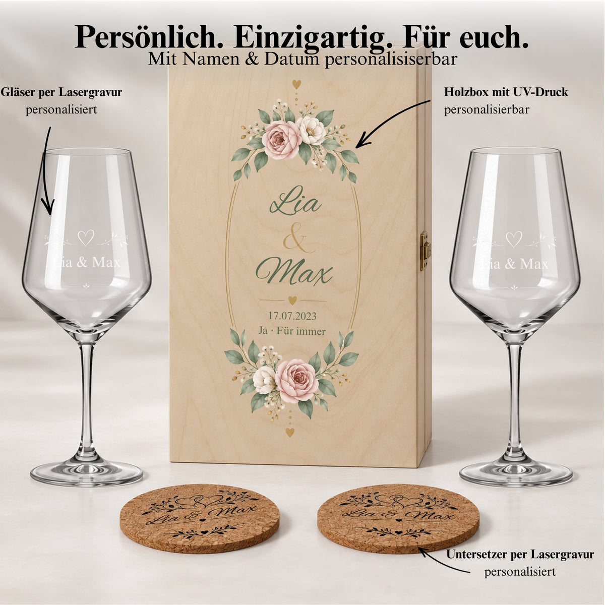 Set mit den Namen Lia und Max: gravierte Weingläser und Korkuntersetzer sowie eine Holzbox mit personalisiertem UV-Druck.