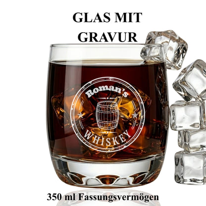 Whisky Tumbler Glas mit Gravur Romans Whiskey Fass-Design – 350 ml – handmade Germany