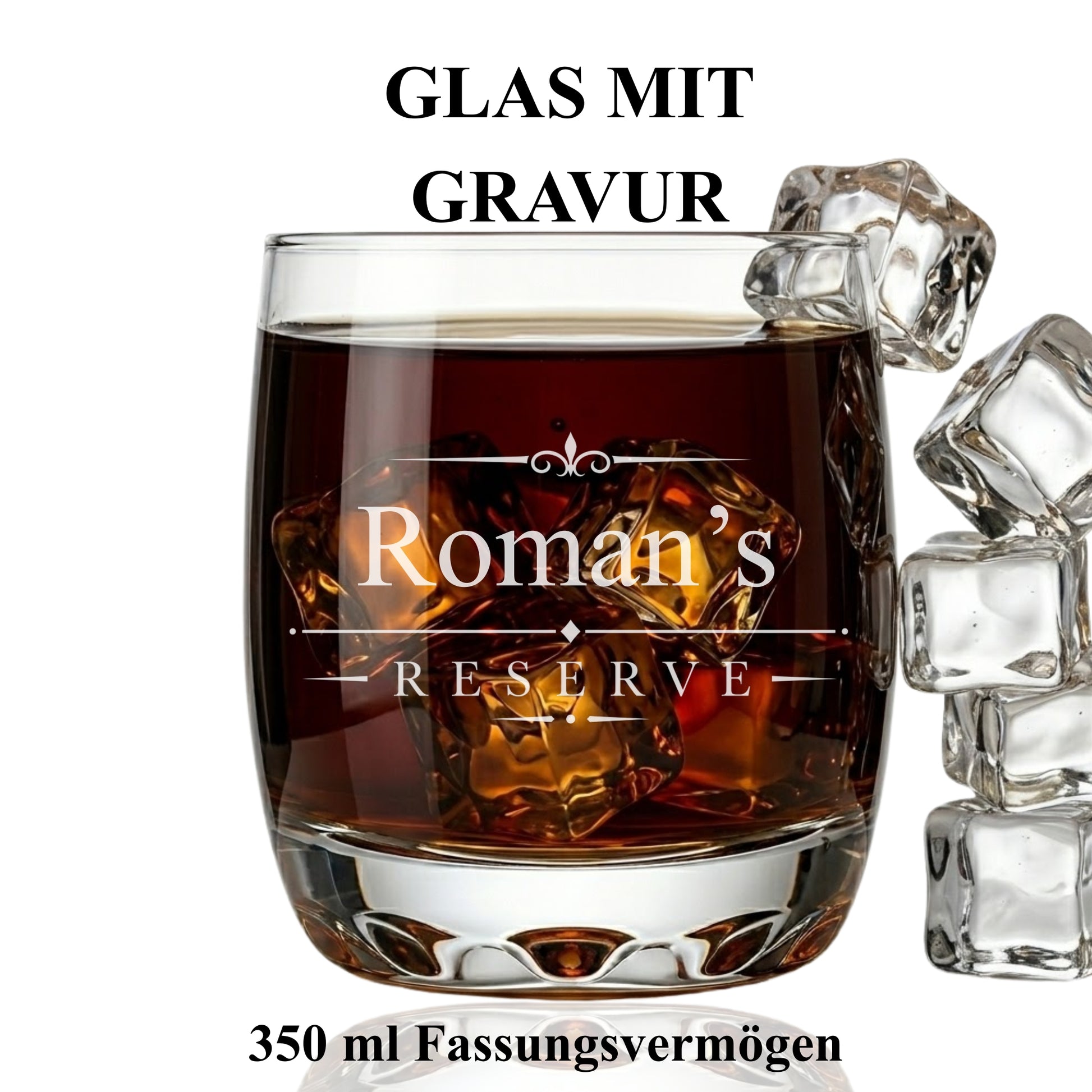 Whisky Tumbler Glas mit Gravur Romans Reserve – 350 ml – elegantes Design handmade Germany