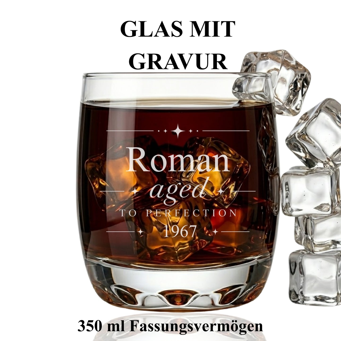 Whisky Tumbler Glas mit Gravur Aged to Perfection Roman 1967 – 350 ml – handmade Germany
