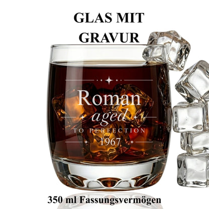 Whisky Tumbler Glas mit Gravur Aged to Perfection Roman 1967 – 350 ml – handmade Germany