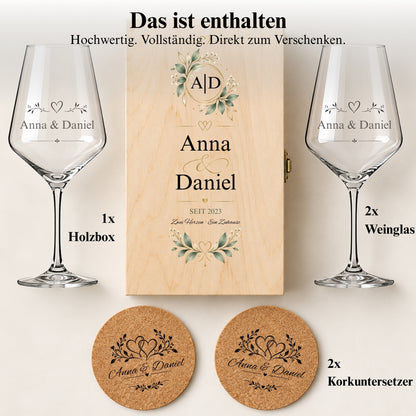 Lieferumfang des personalisierten Geschenksets: zwei Weingläser, zwei Korkuntersetzer und eine bedruckte Holzbox.