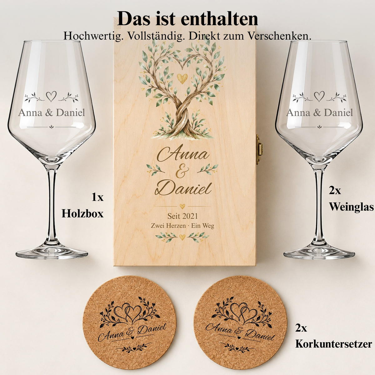 Lieferumfang des personalisierten Geschenksets: zwei Weingläser, zwei Korkuntersetzer und eine bedruckte Holzbox.