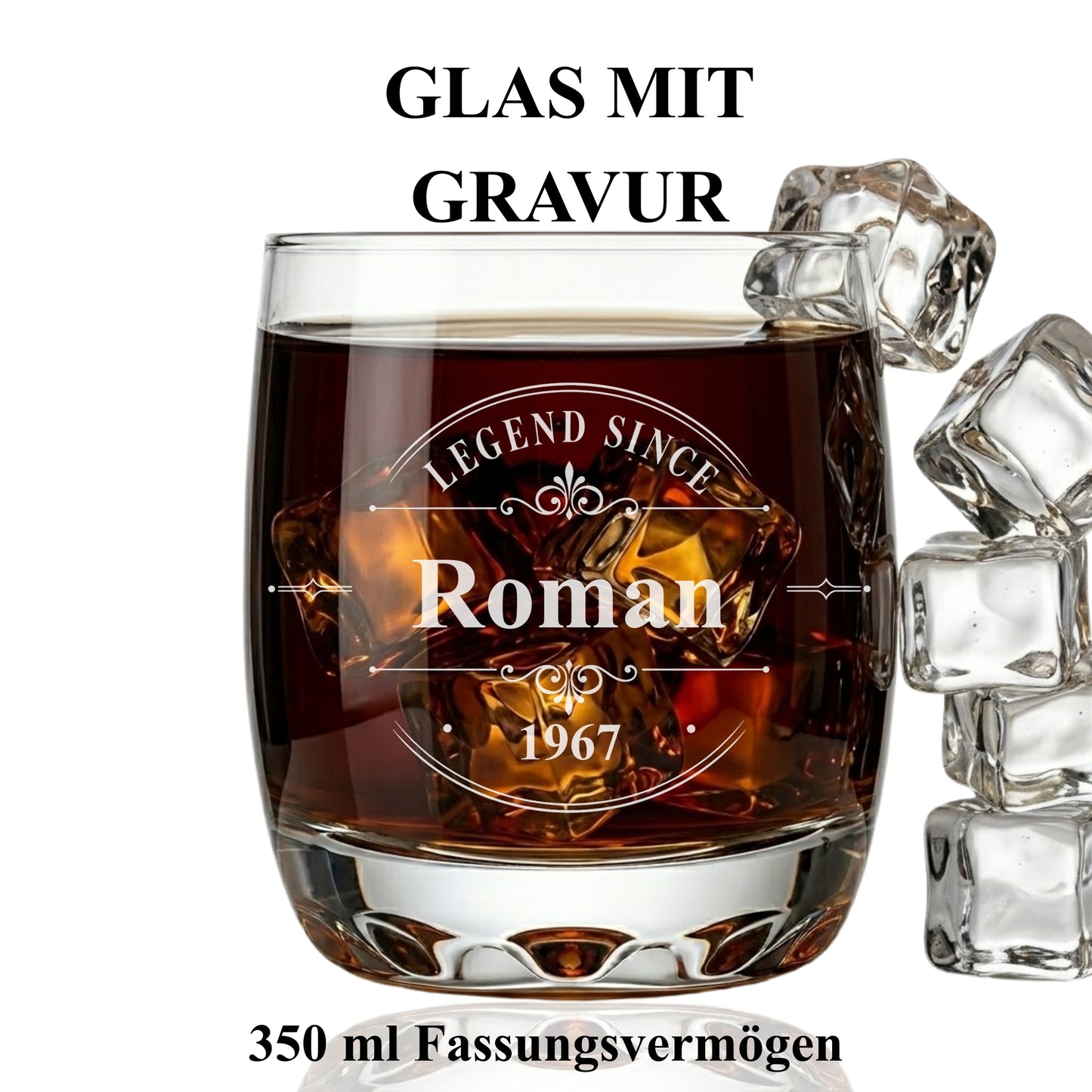 Whisky Tumbler Glas mit Gravur – Legend Since Roman 1967 – 350 ml – Glas mit Gravur handmade Germany