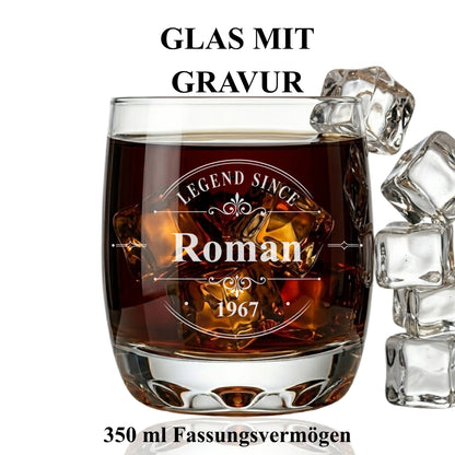 Whisky Tumbler Glas mit Gravur – Legend Since Roman 1967 – 350 ml – Glas mit Gravur handmade Germany