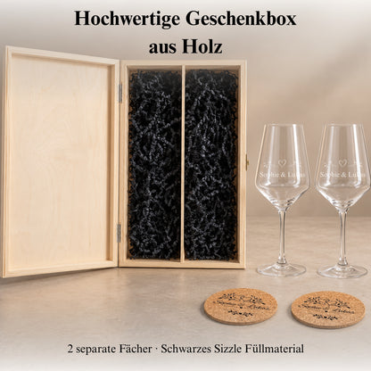Lieferumfang des personalisierten Geschenksets: zwei Weingläser, zwei Korkuntersetzer und eine bedruckte Holzbox.