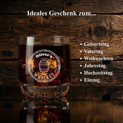 Whisky Glas personalisiert Finns Whiskey Fass Badge – edles Geschenk Whiskey Liebhaber – Lasergravur Made in Germany