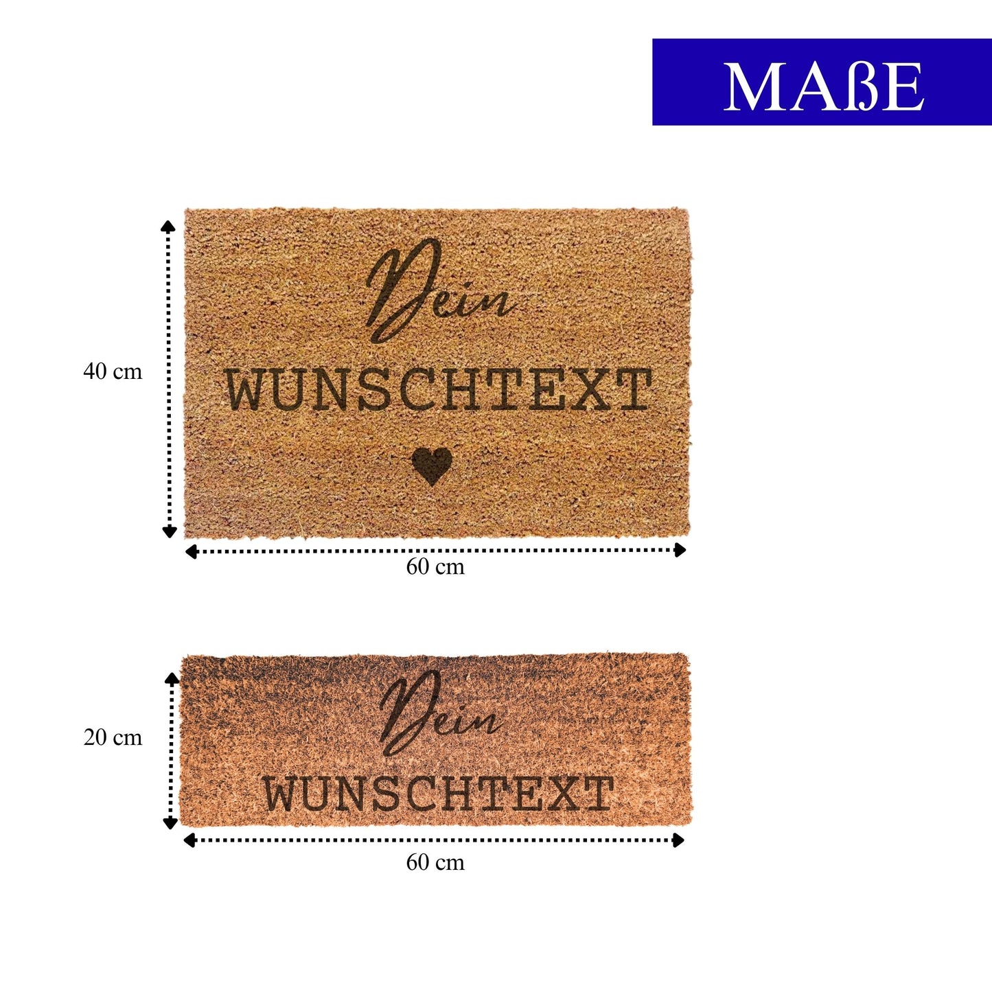 Größenübersicht personalisierte Kokos Fußmatte 60x40 cm und 60x20 cm