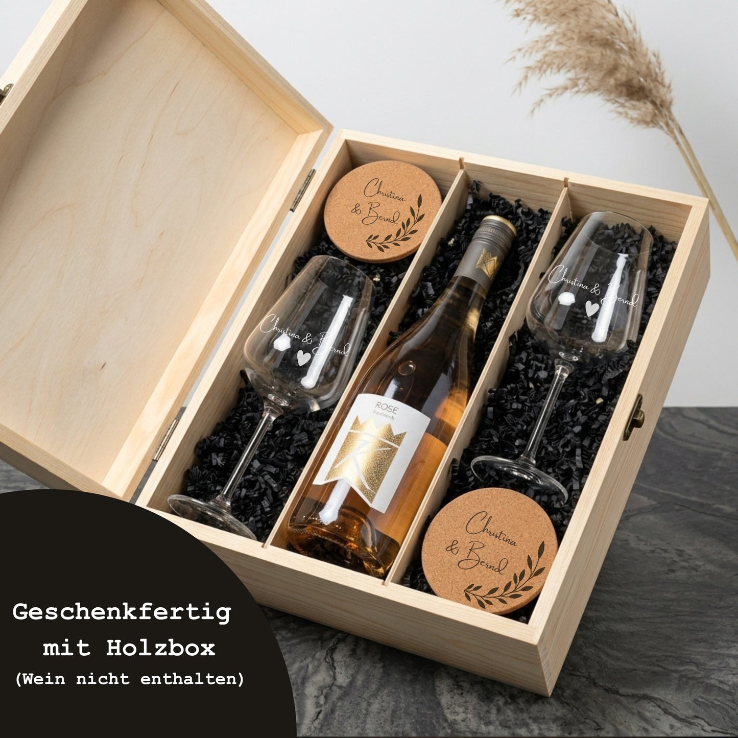 Rotwein Gläser personalisiert Carina und Thomas mit Holzbox Hochzeitsgeschenk