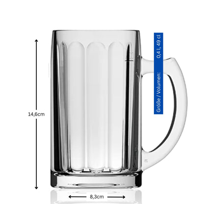 Personalisierter Bierkrug aus Glas mit 0,4 Liter Volumen und Maßangaben Höhe und Durchmesser