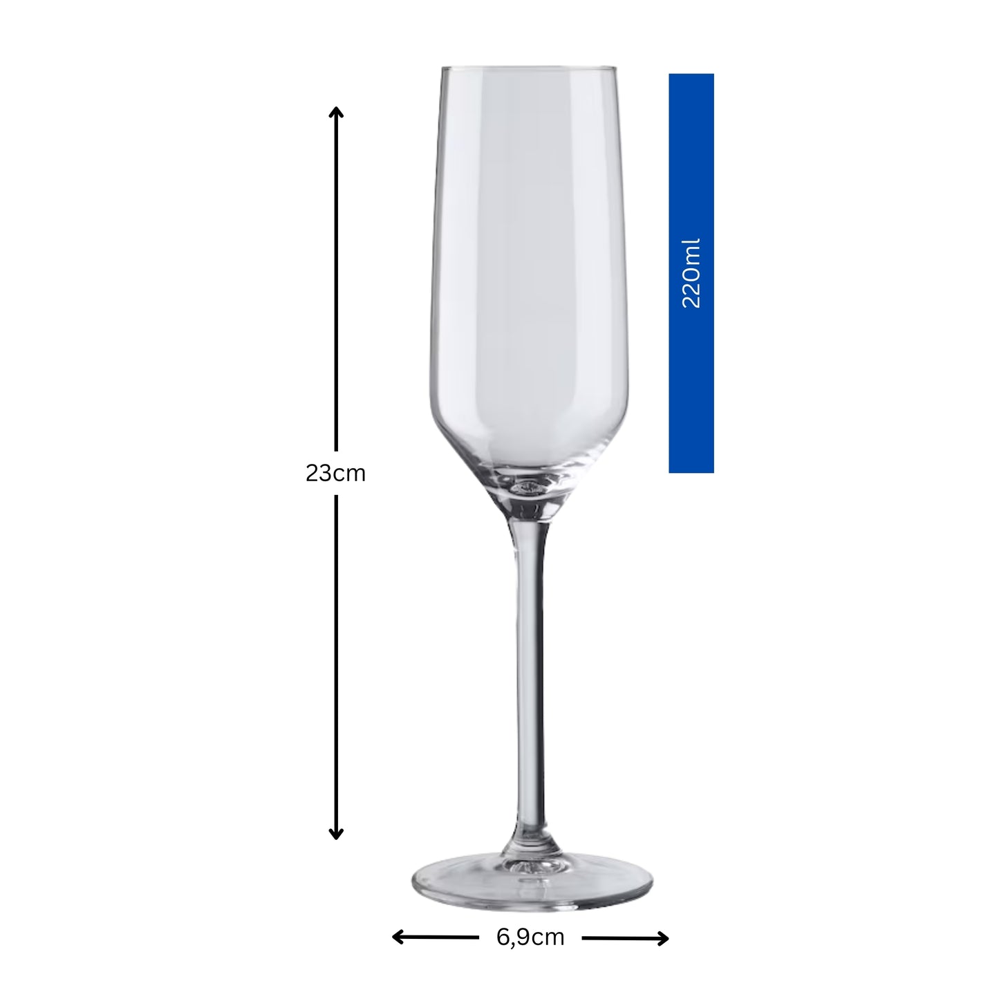 Maße eines personalisierten Sektglases mit Gravur – 23 cm Höhe, 220 ml Volumen, elegantes Champagnerglas