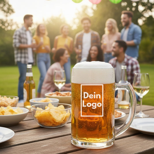 Bierkrug mit Logo als Werbegeschenk bei Sommerfest im Garten