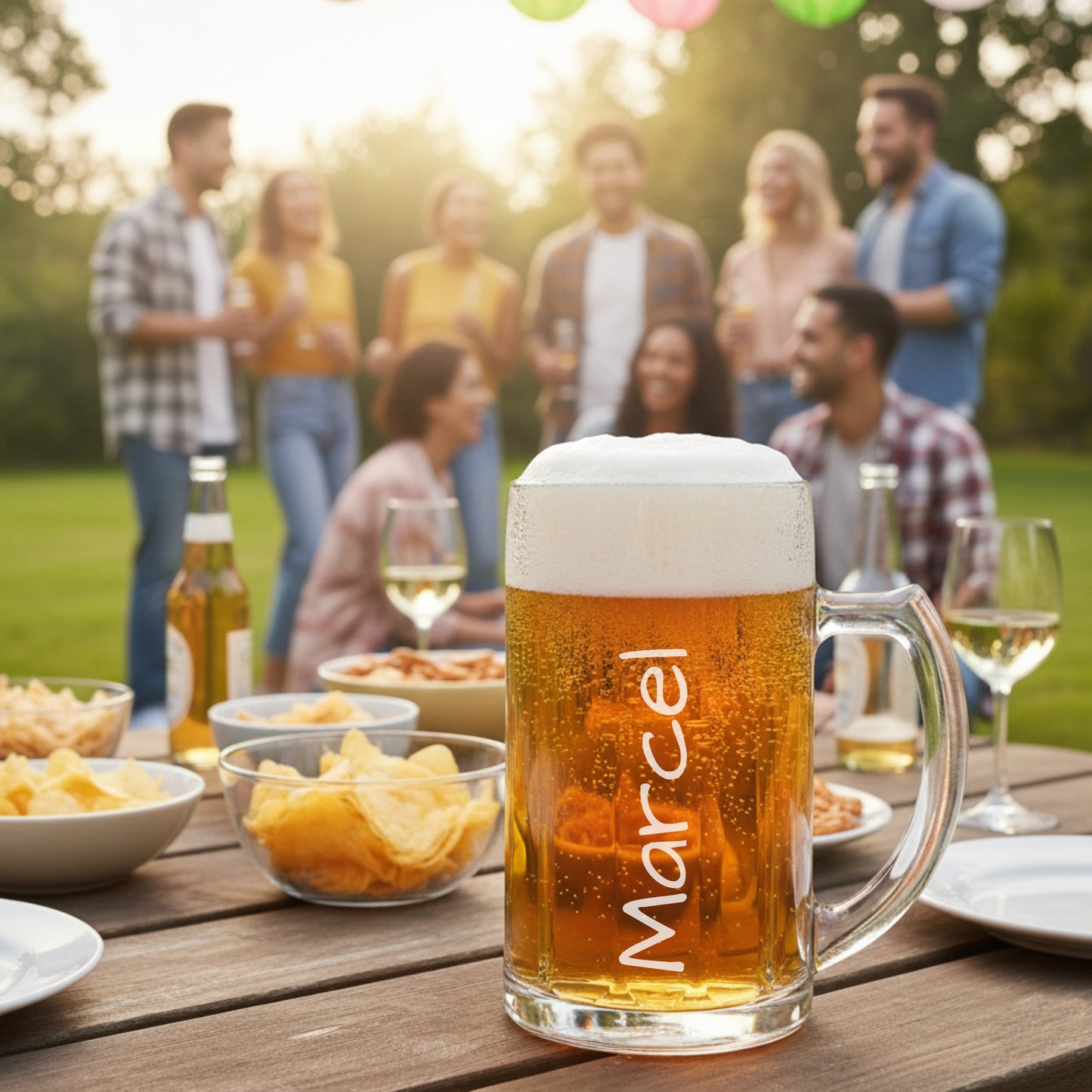Zwei Männer stoßen mit personalisierten Bierkrügen beim Grillabend im Garten an