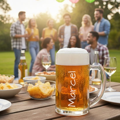 Zwei Männer stoßen mit personalisierten Bierkrügen beim Grillabend im Garten an