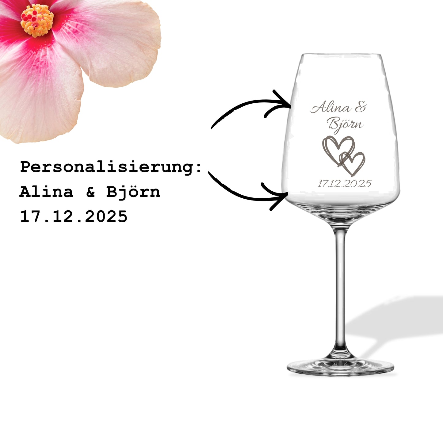 Personalisiertes Weinglas mit zwei Namen, Herz & Datum – Lasergravur – 500 ml