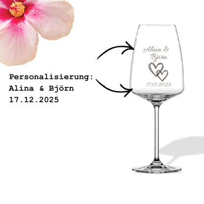 Personalisiertes Weinglas mit zwei Namen, Herz & Datum – Lasergravur – 500 ml