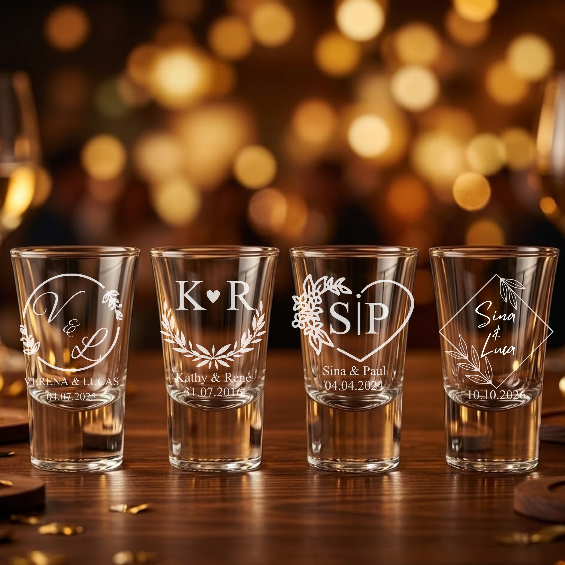 Personalisierte Hochzeits-Schnapsgläser mit Initialen Namen und Datum – 4 Designs – Gastgeschenk Hochzeit Glanzstücke