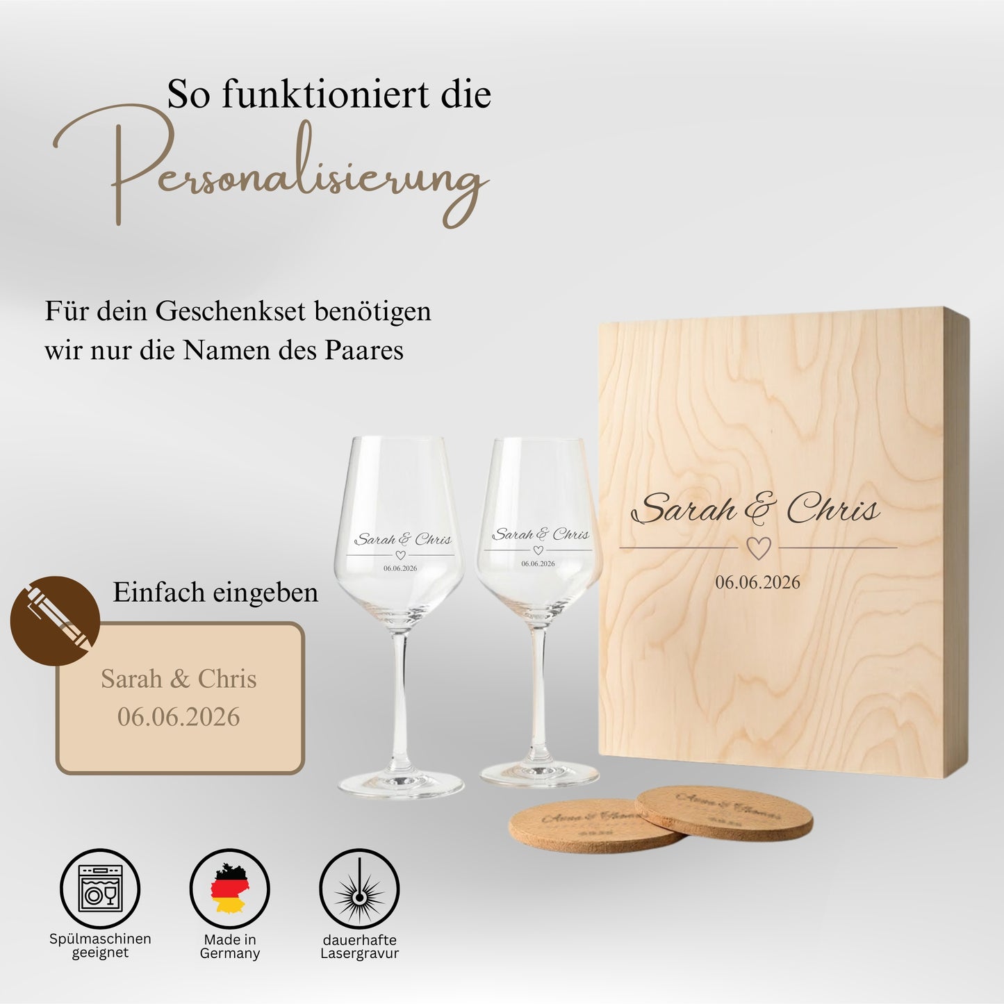 Personalisierung Weingläser mit Namen und Datum des Paares Sarah und Chris Lasergravur
