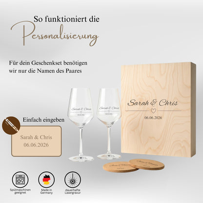 Personalisierung Weingläser mit Namen und Datum des Paares Sarah und Chris Lasergravur
