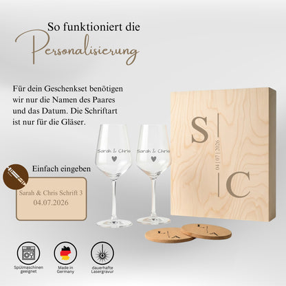 Personalisierte Weingläser Hochzeitsgeschenk im Set mit Holzbox und individuellen Namen und Datum.