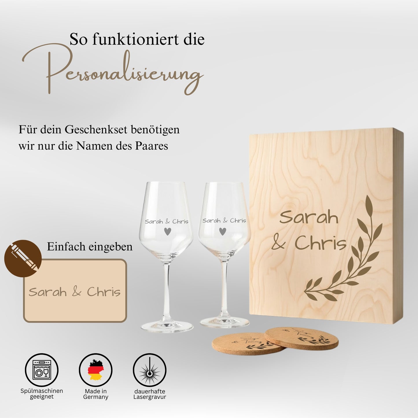 Personalisierung Weingläser mit Namen des Paares Sarah und Chris Lasergravur
