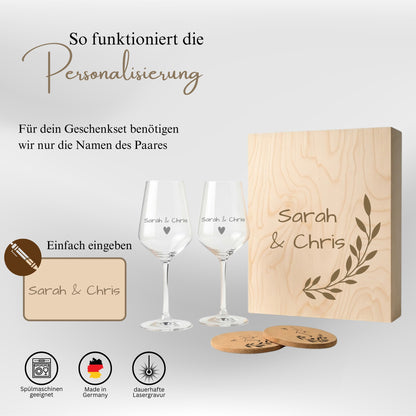 Personalisierung Weingläser mit Namen des Paares Sarah und Chris Lasergravur
