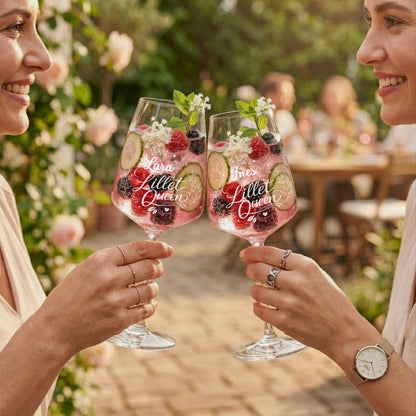 Zwei personalisierte Lillet Queen Gläser mit Namen Lara und Ines – Geschenk für Freundinnen – Sommer Garten