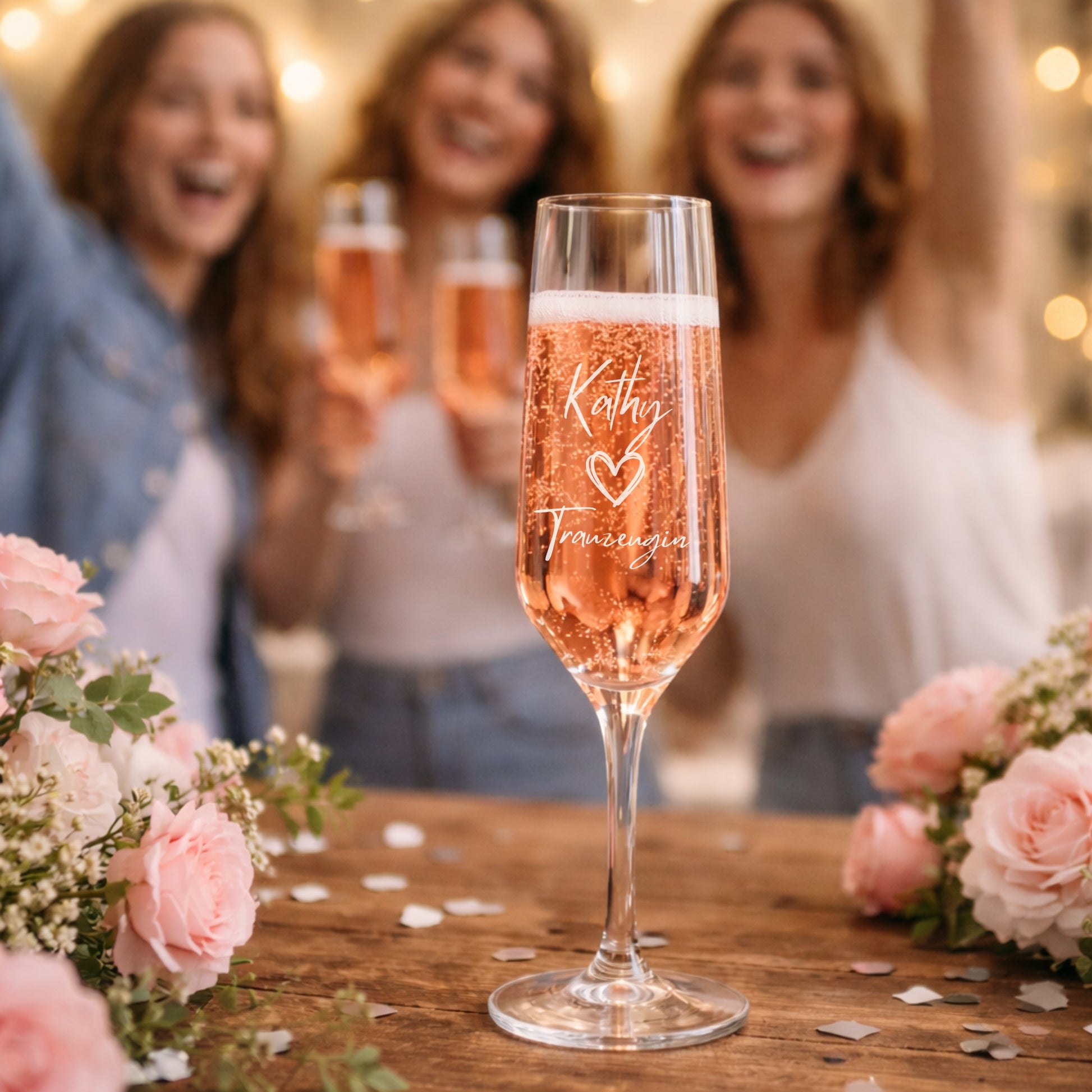 Personalisiertes Sektglas mit Gravur ‚Trauzeugin‘ beim Junggesellinnenabschied mit Freundinnen