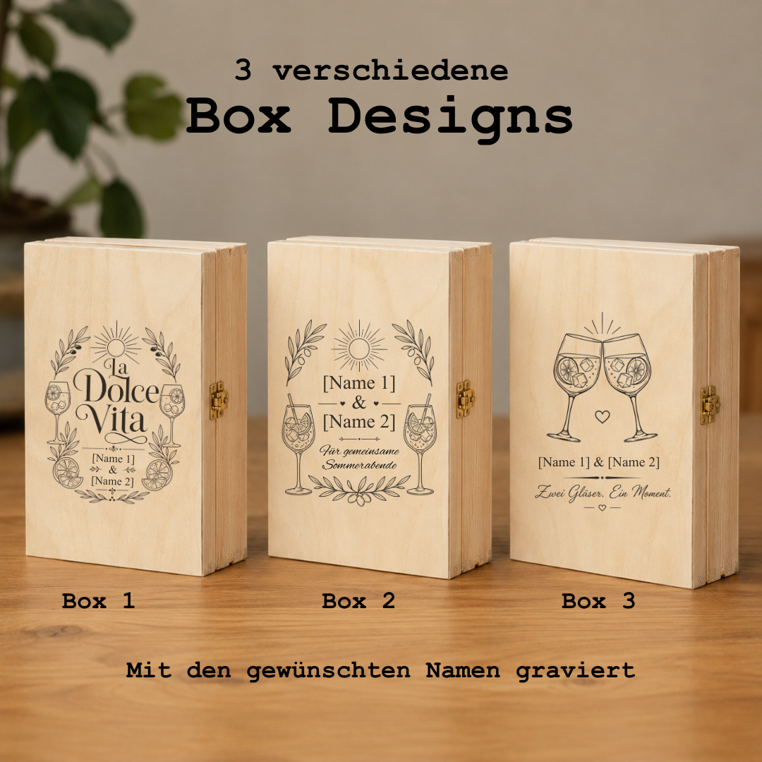 Aperol Glas personalisiert Geschenkbox: drei wählbare Gravur-Designs für Holzbox mit Namen