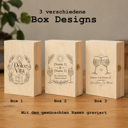 Aperol Glas personalisiert Geschenkbox: drei wählbare Gravur-Designs für Holzbox mit Namen