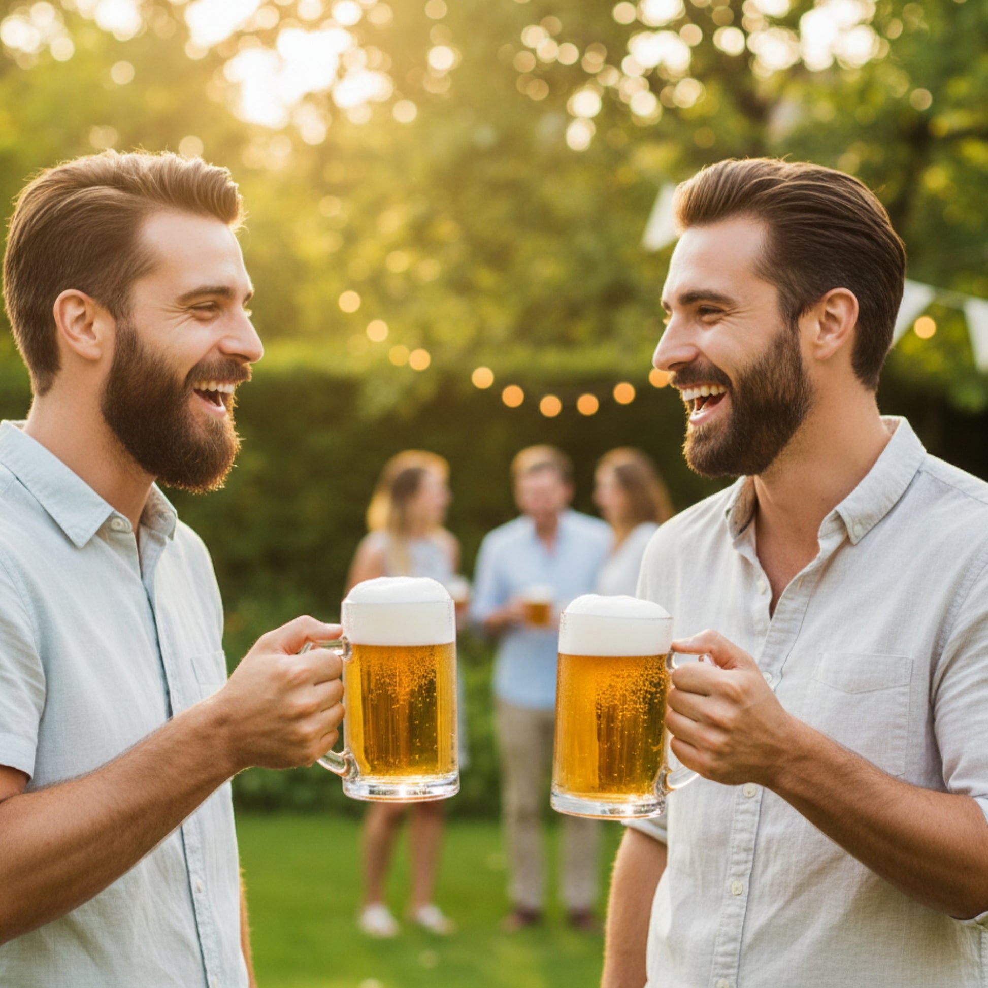 Zwei Männer stoßen mit personalisierten Bierkrügen beim Grillabend im Garten an