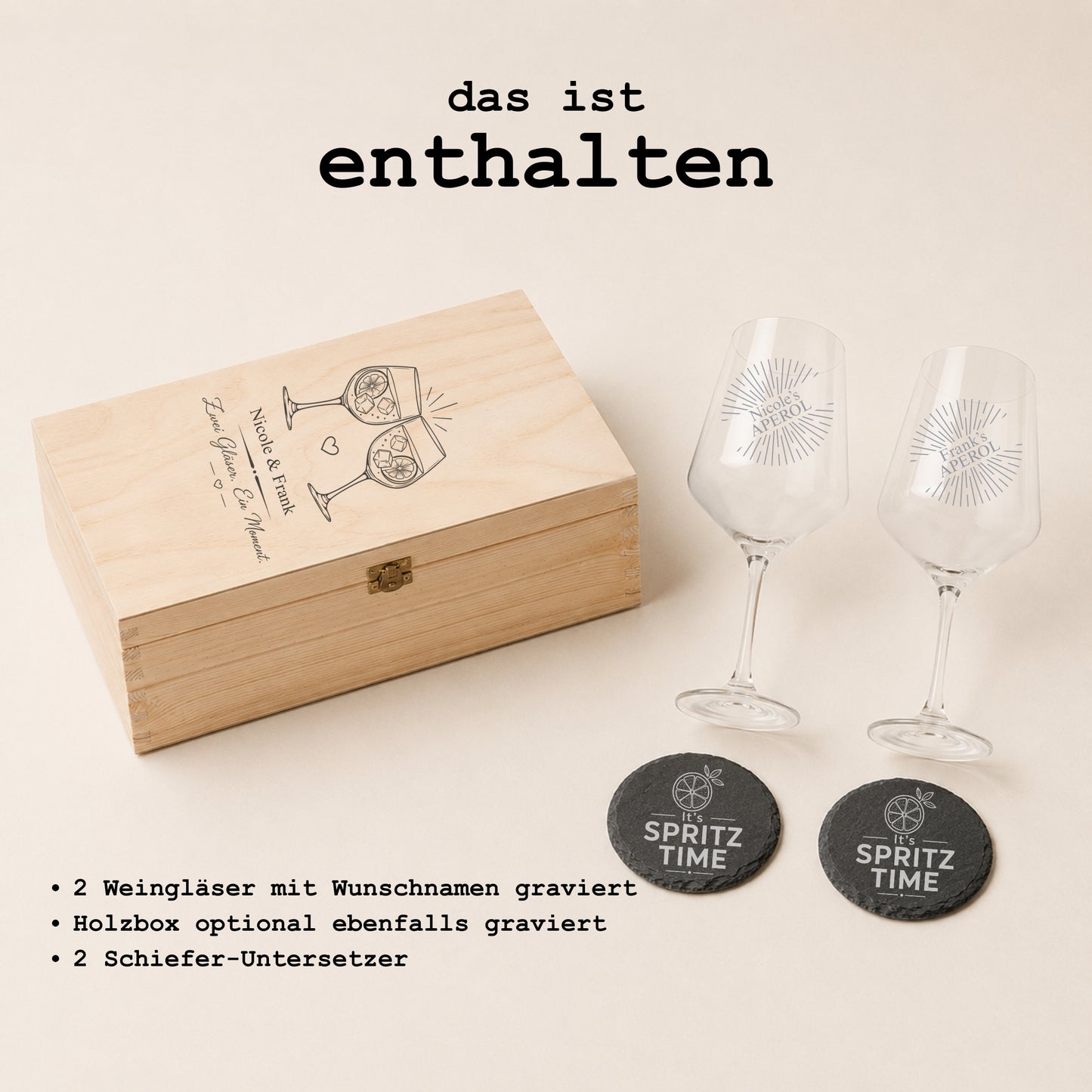 Aperol Glas personalisiert Lieferumfang: zwei gravierte Weingläser, Holzbox und Schiefer-Untersetzer für Paare