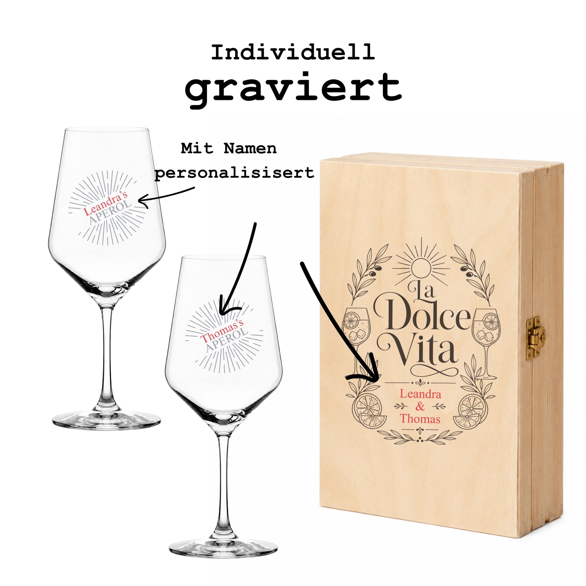 Aperol Glas personalisiert mit individueller Namensgravur, Detailansicht und La-Dolce-Vita-Box-Design